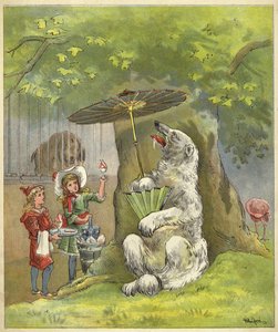 Niedźwiedź polarny karmiony lodami przez dzieci (chromolitho)